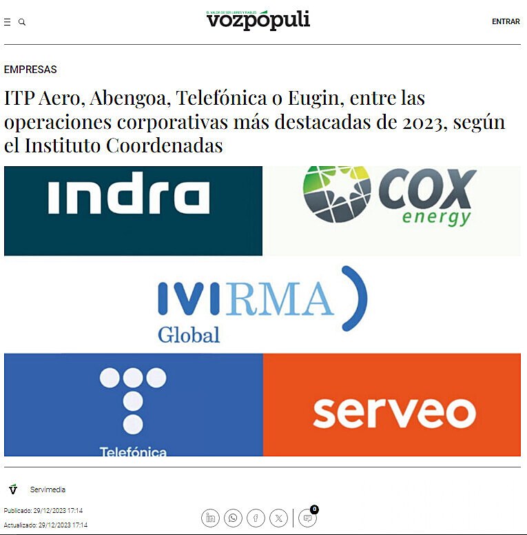 ITP Aero, Abengoa, Telefnica o Eugin, entre las operaciones corporativas ms destacadas de 2023, segn el Instituto Coordenadas
